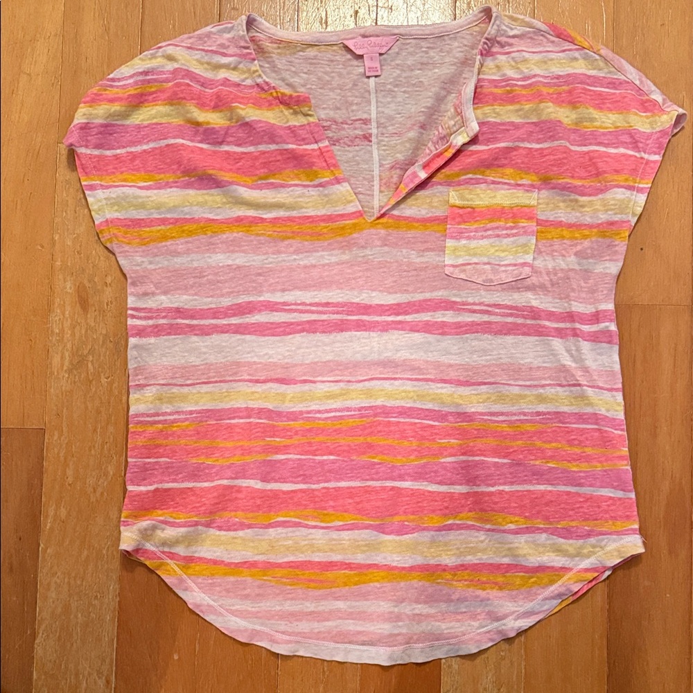 Lilly Pulitzer Pink White Yellow Striped Cap Sleeve Blouse Small